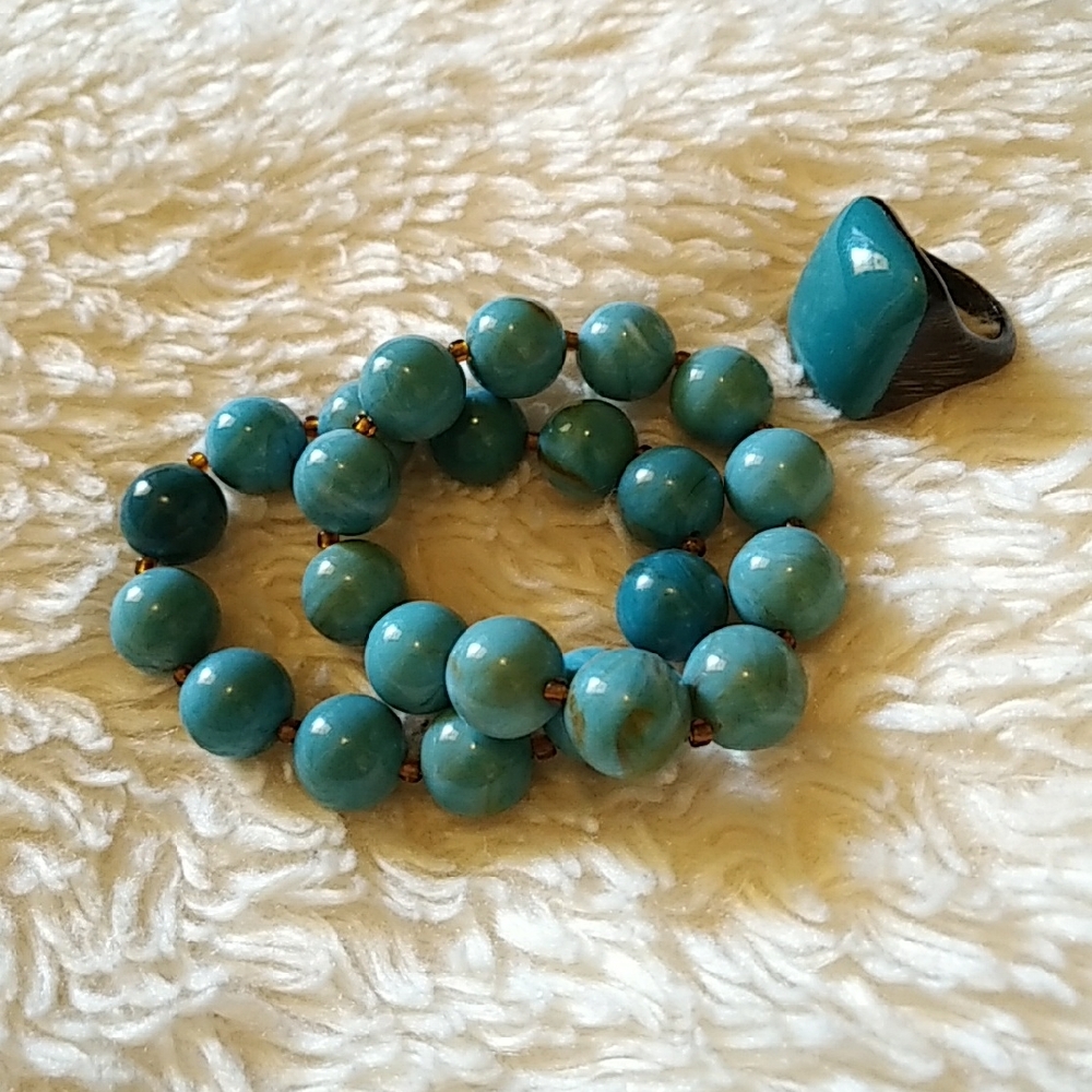 turquoise painted wood ring and bracelet set